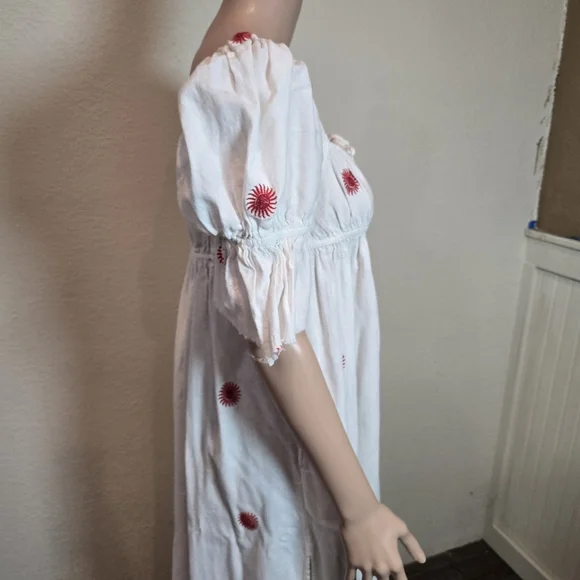 Free People Midi Dress Ivory Red Emory Embroider Cotton Preppy Boho Small - Picture 10 of 16